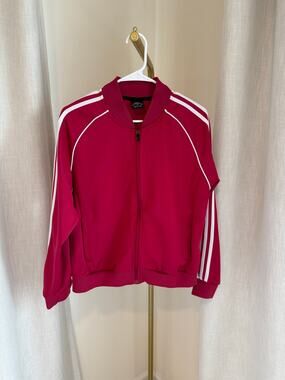 Jian Wang Bomber Jacket Women's Large Red White 3-Striped Raglan Sleeve Full Zip